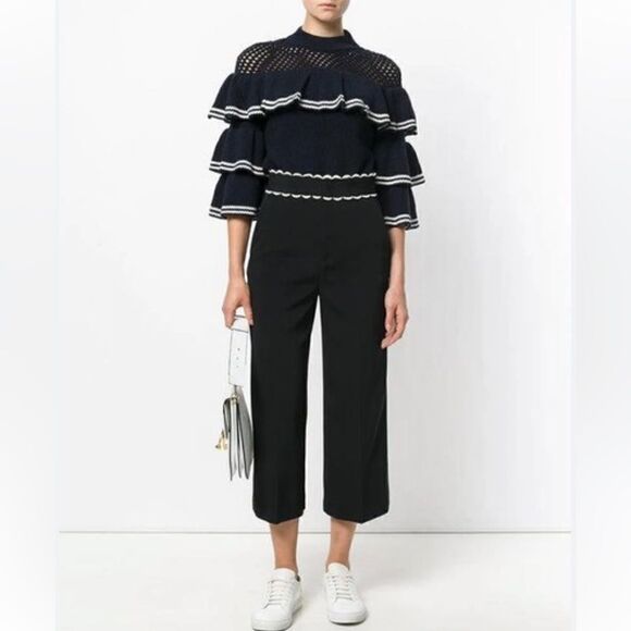 New Self-Portrait STRIPED FRILL SWEATER NAVY Wool Jumper Small - Picture 16 of 16